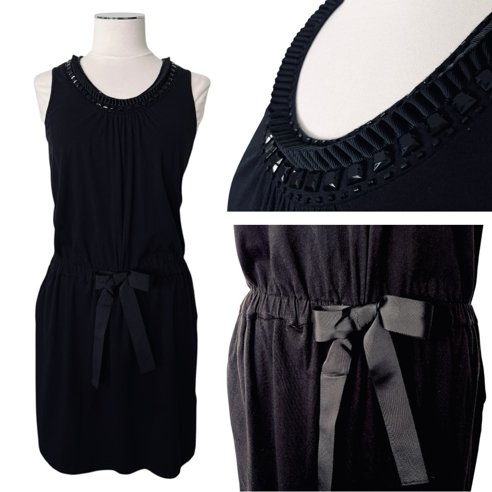 LOFT Petite Black Jewel Neckline Dress Sz Memdium Dropped Bow Waist Cotton Blend